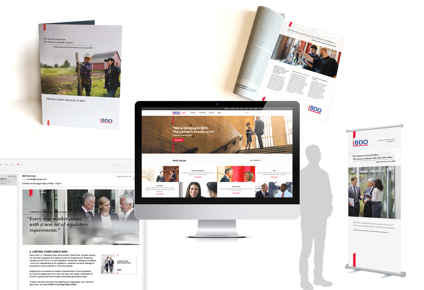 Collage of BDO marketing materials - print ads, pop-up banner, brochure, website, emails